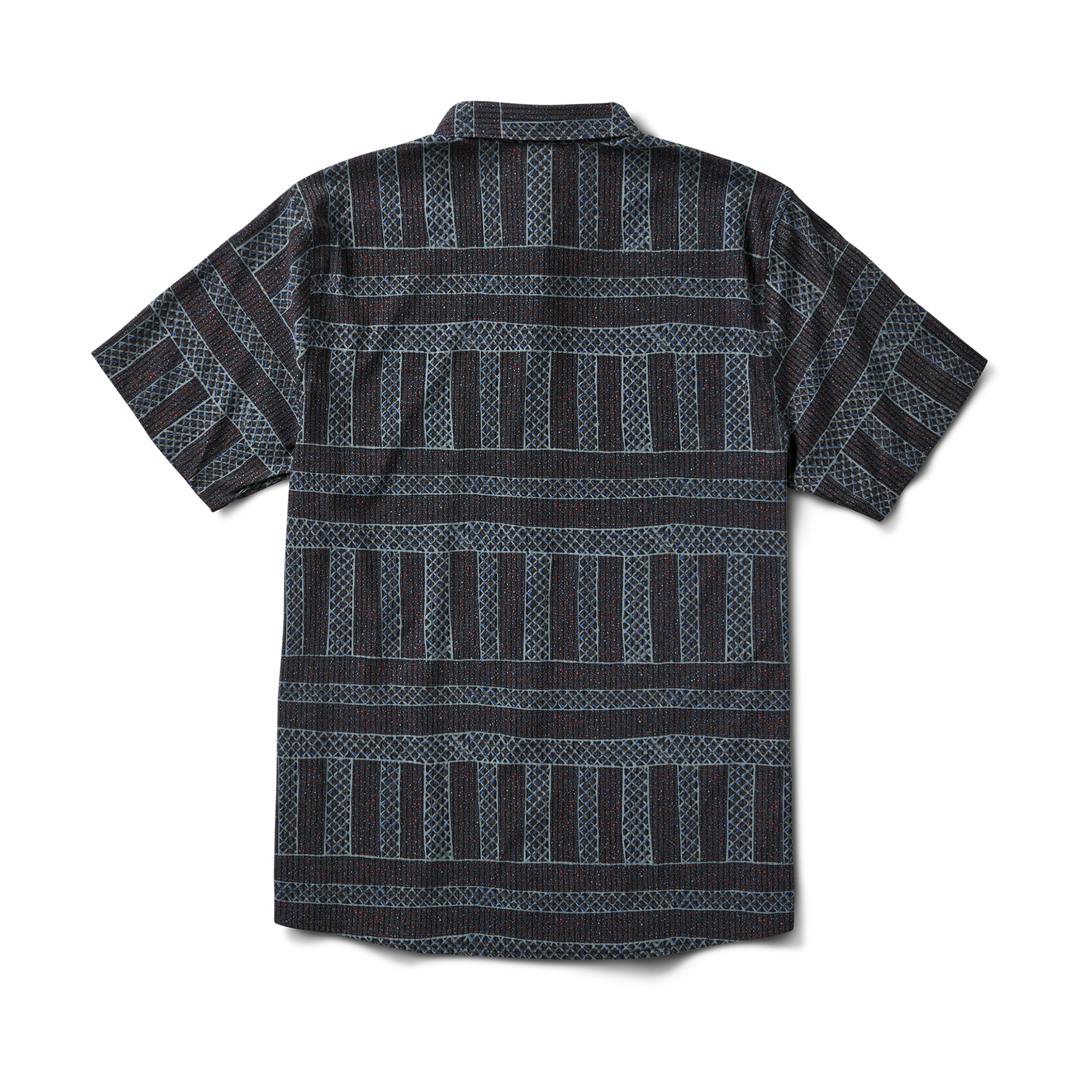 Flat lay of a short-sleeve button-up shirt with geometric patterns in dark and light tones, perfect for casual wear.